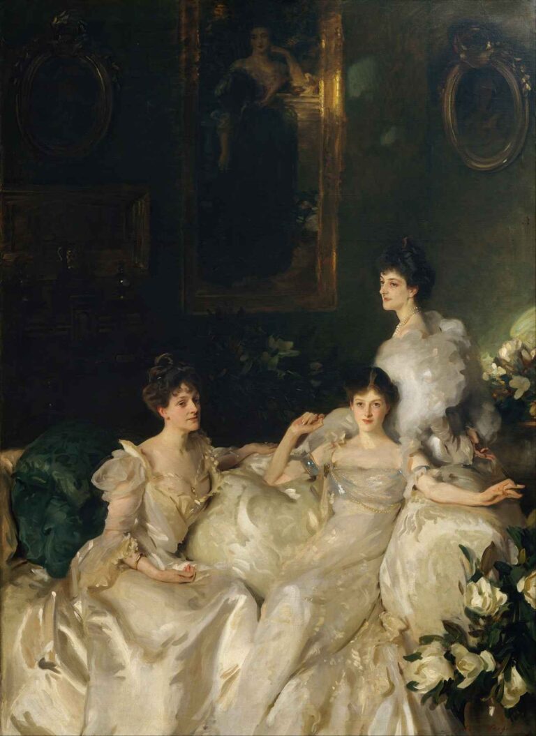 Large oil portrait showing three elegantly dressed sisters in cream and white gowns reclining and standing on a sofa in a dark-paneled room, their expressions varying from relaxed to contemplative, with rich drapery in the background.