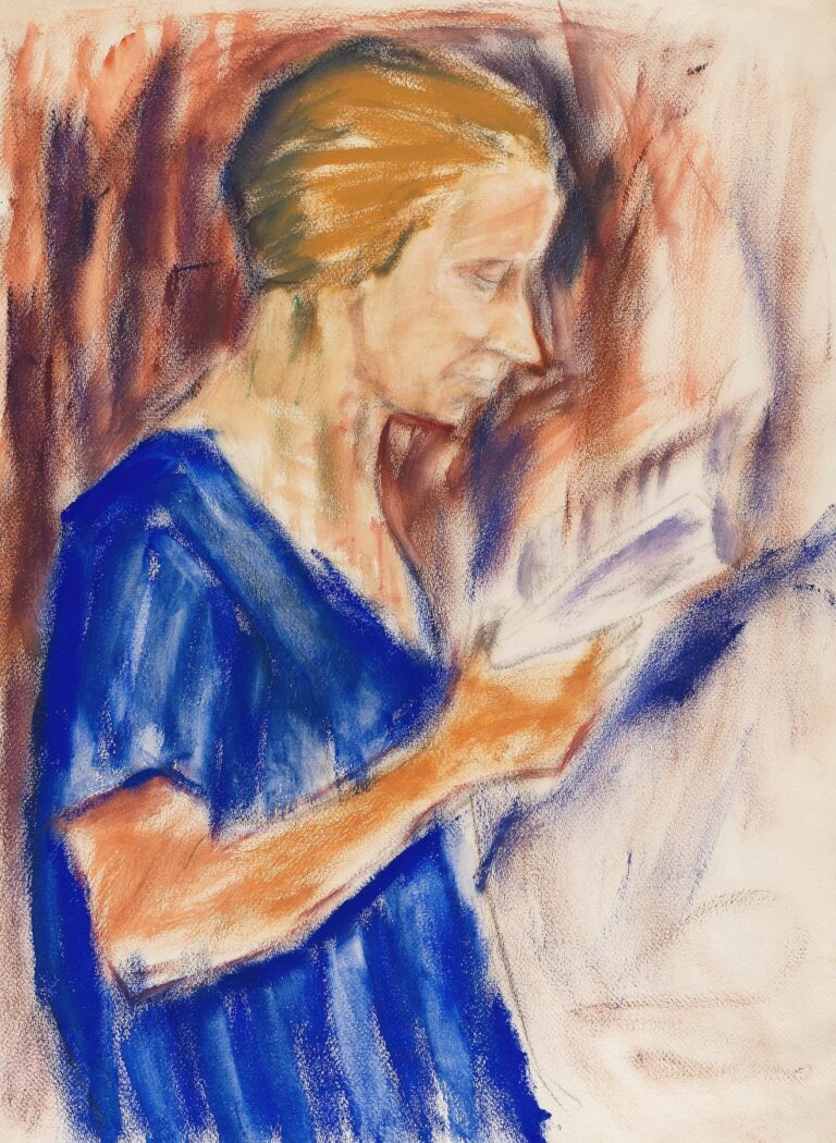 Expressionist pastel portrait of a woman in profile wearing a vibrant blue dress, reading or holding a book, her blonde hair swept back against a textured red and orange background.