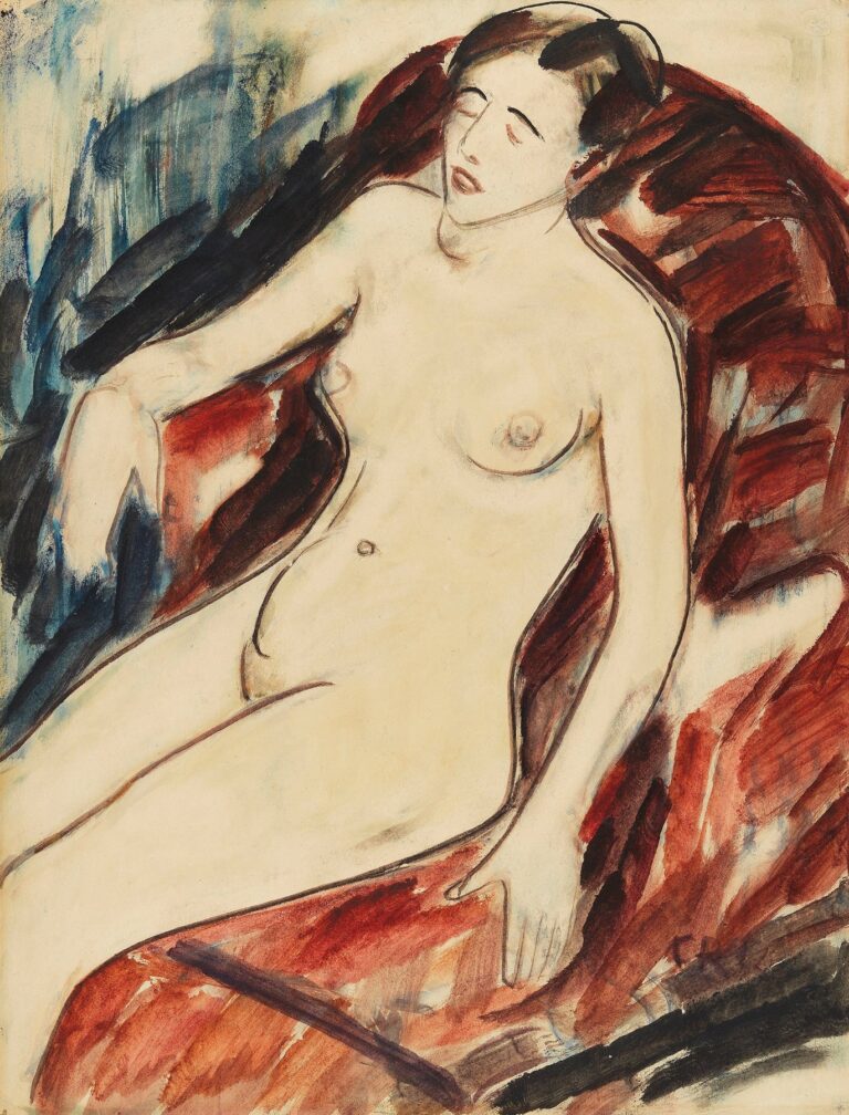 Watercolor and ink painting of a reclining nude woman on a red and black abstracted background, rendered with flowing black outlines and washes of red, blue, and flesh tones in an Expressionist style.