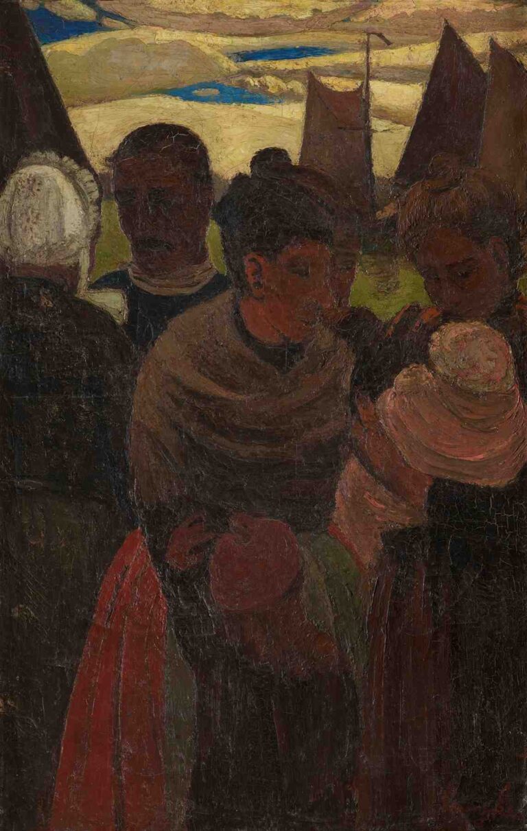 Expressionist painting showing five Breton fishermen and women on a stone quay, their earthy-toned clothing and solemn expressions framed by moored fishing vessels and a dramatic ochre-blue sky.