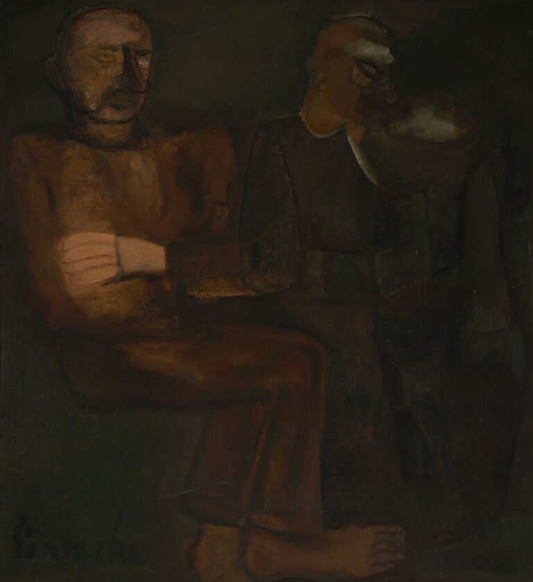 Expressionist oil painting of a peasant couple seated side by side in a dim interior, their broad forms and muted earth-toned clothing rendered with sculptural solidity and quiet dignity.