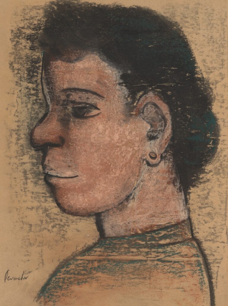 Half-length profile portrait of a Flemish farm woman in 1930s attire, her strong features and earth-toned blouse set against a warm ochre background, rendered with bold, expressive brushstrokes.