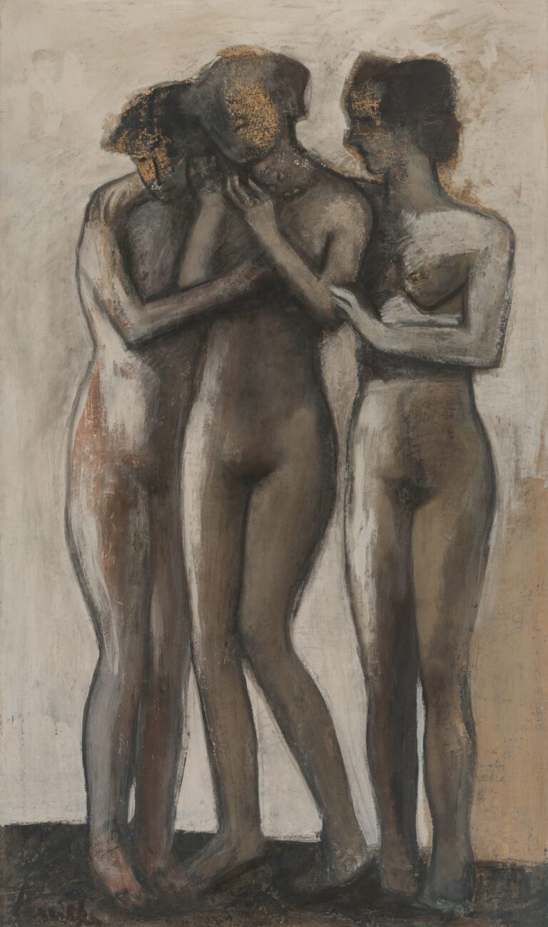 Three nude women standing closely together against a pale background, rendered in earthy browns and grays with broad, expressive brushstrokes, their arms interlocked to form a unified, sculptural mass.