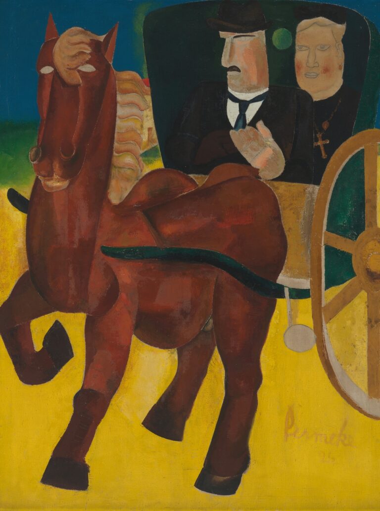 Constant Permeke’s 1926 Expressionist painting “The Carriage” depicts a muscular chestnut horse in mid-stride pulling a two-wheeled green carriage carrying a bowler-hatted driver and a cross-wearing passenger across a vibrant yellow road under a cobalt sky.