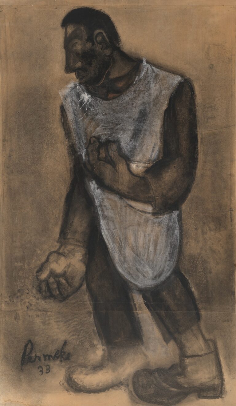 Constant Permeke’s 1933 charcoal and white chalk drawing “The Sower” depicts a robust, hunched peasant scattering seeds with his left hand while striding forward in heavy boots, the figure set against a minimal warm-toned background that emphasizes his monumental form and the falling seeds.