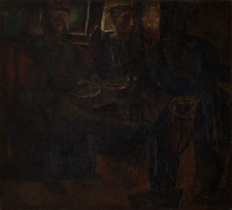 Constant Permeke’s 1921 painting “The Fishermen’s Meal” shows four rugged, wool-clad fishermen seated around a narrow wooden table in a dim room, breaking bread and eating salt-cured fish beneath a slitted window that casts a single beam of light across their weathered faces and rough hands.