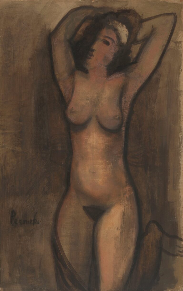 Oil on canvas depicting a nude woman kneeling with her arms lifted behind her head, her body rendered in layered ochres and umbers against a textured, shadowy brown backdrop — a study in raw, unidealized form and quiet introspection by Constant Permeke, 1945.