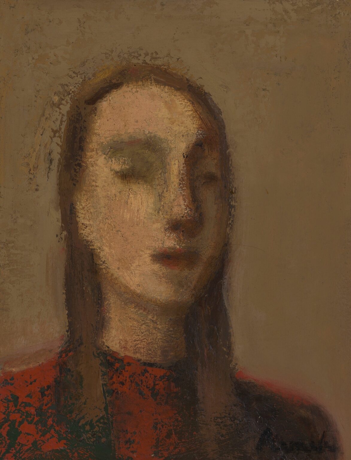 Oil painting “Lea” by Constant Permeke (1949) showing a young woman with closed eyes, long auburn hair, and a red garment against a warm ochre background, rendered in soft, layered brush strokes that emphasize her serene expression and contemplative stance.