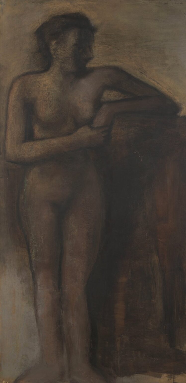 A nude female figure leans gently to the right, one arm bent across her abdomen and the other hanging by her side, rendered in ochre and umber tones against a muted brown-gray background, emphasizing subtle shifts of light on her torso, hips, and legs.