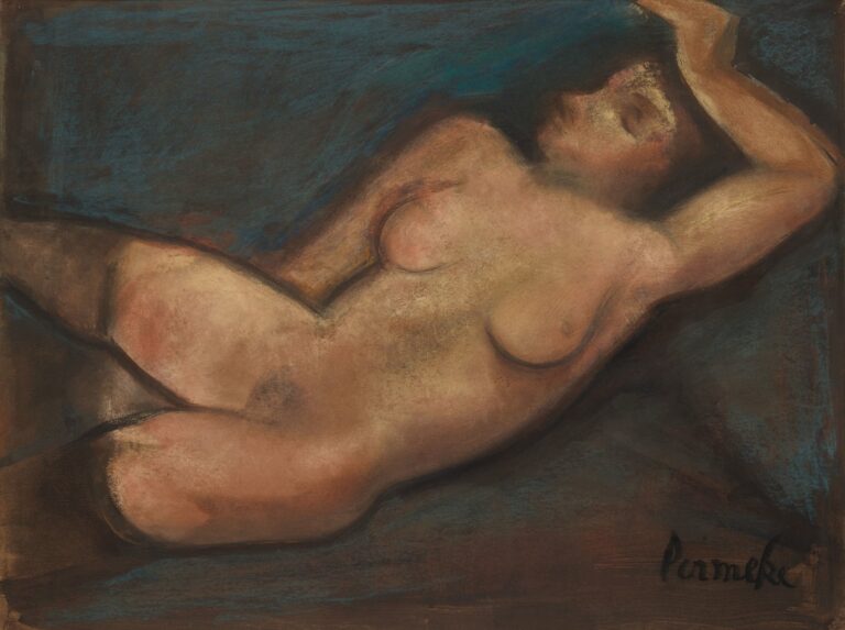 Reclining female nude in warm ochre and sienna tones, one arm raised above her head, set against a deep blue-brown, textured background by Constant Permeke.