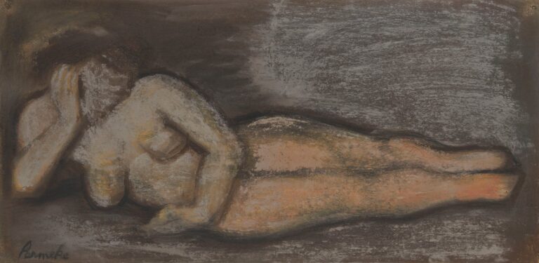 A softly modeled pastel and charcoal study of a nude woman lying on her side against a mottled brown-gray ground; her legs extend to the right, her left knee bends toward her chest, and her left arm curls under her head—partially shielding her face—while gentle strokes of ochre, sienna, and ivory highlight the contours of her torso and limbs against the shadowy background.