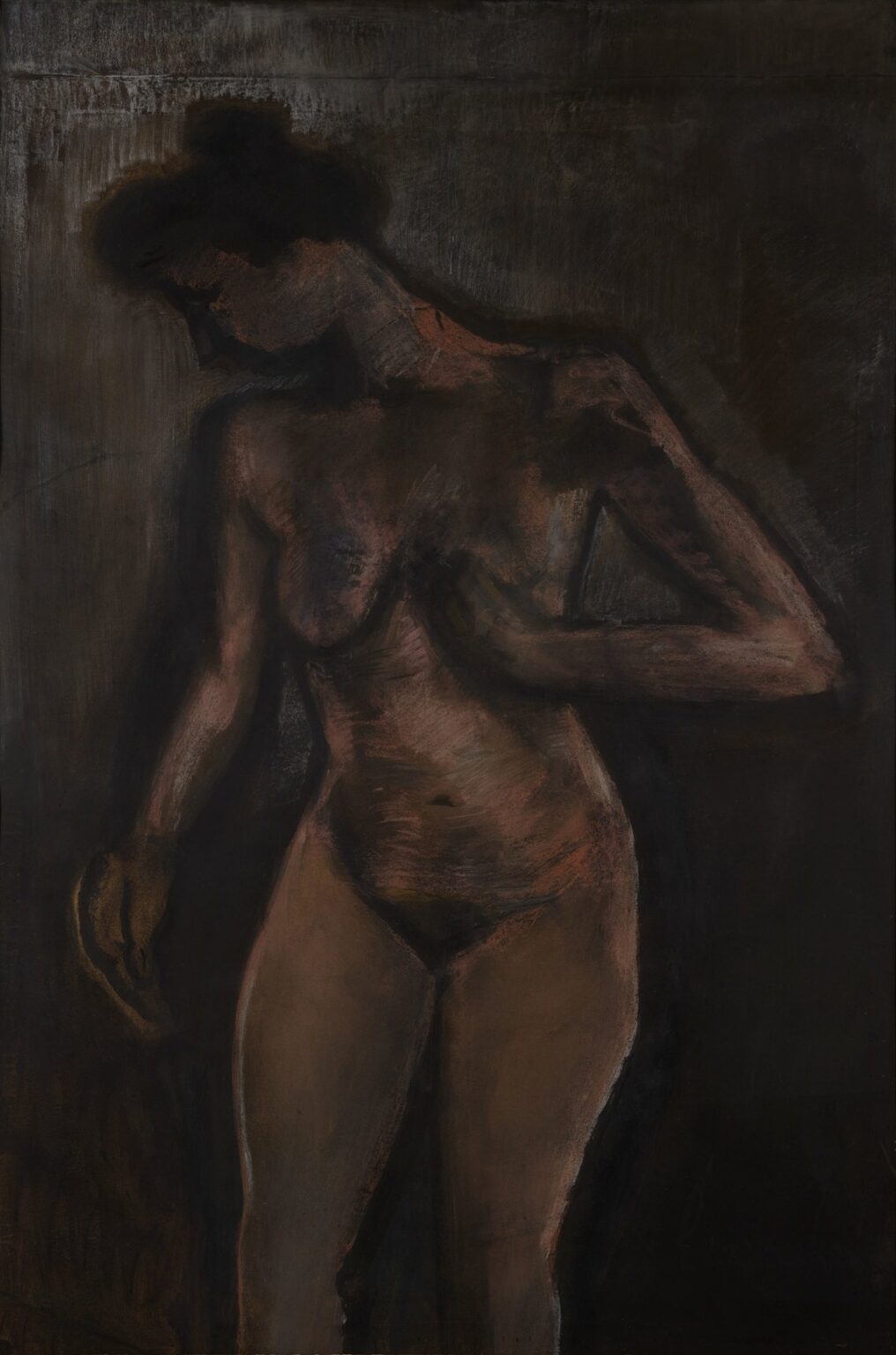 A standing nude woman with her hair tied in a loose bun, one arm crossing her chest and the other hanging at her side, painted in warm ochres and deep umbers against a dark, textured background.