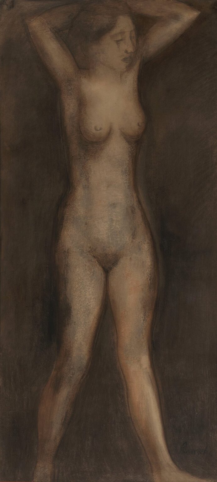 A muted pastel and charcoal rendering of a standing nude woman with her arms raised behind her head, her figure emerging from a dark, textured background in soft ochre and umber tones, with subtle highlights along her torso and thighs.