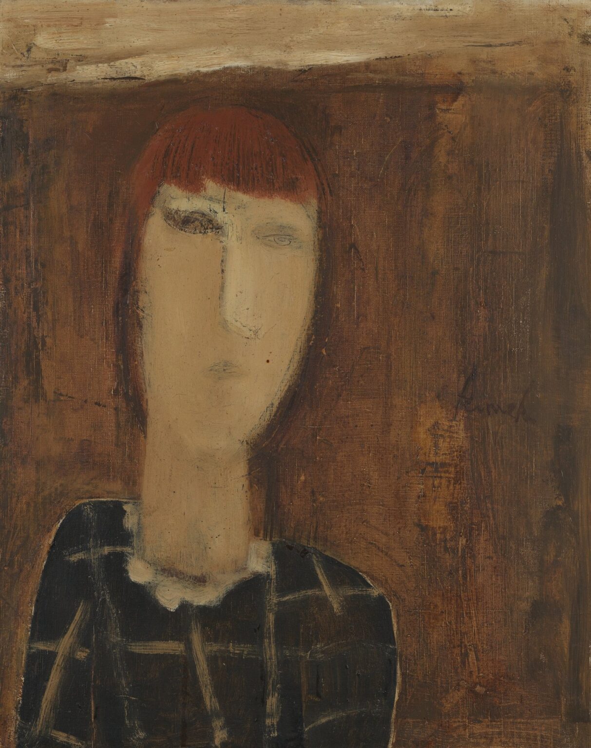 Elongated, stoic bust portrait of a woman with short auburn hair and blunt bangs, clad in a dark garment with white grid lines, set against a warm textured brown background, rendered with flattened planes and subtle brushwork.