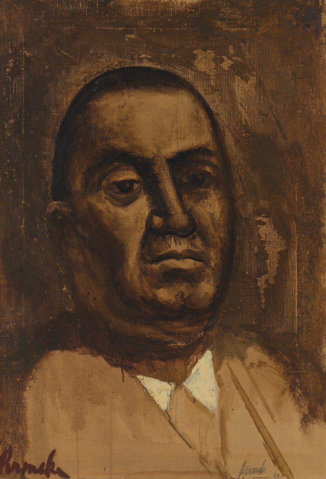 Bust portrait of a man with closely cropped dark hair and serious expression, his face rendered in layered umbers and siennas against a textured brown background, with a pale shirt collar forming a subtle focal point beneath his chin.