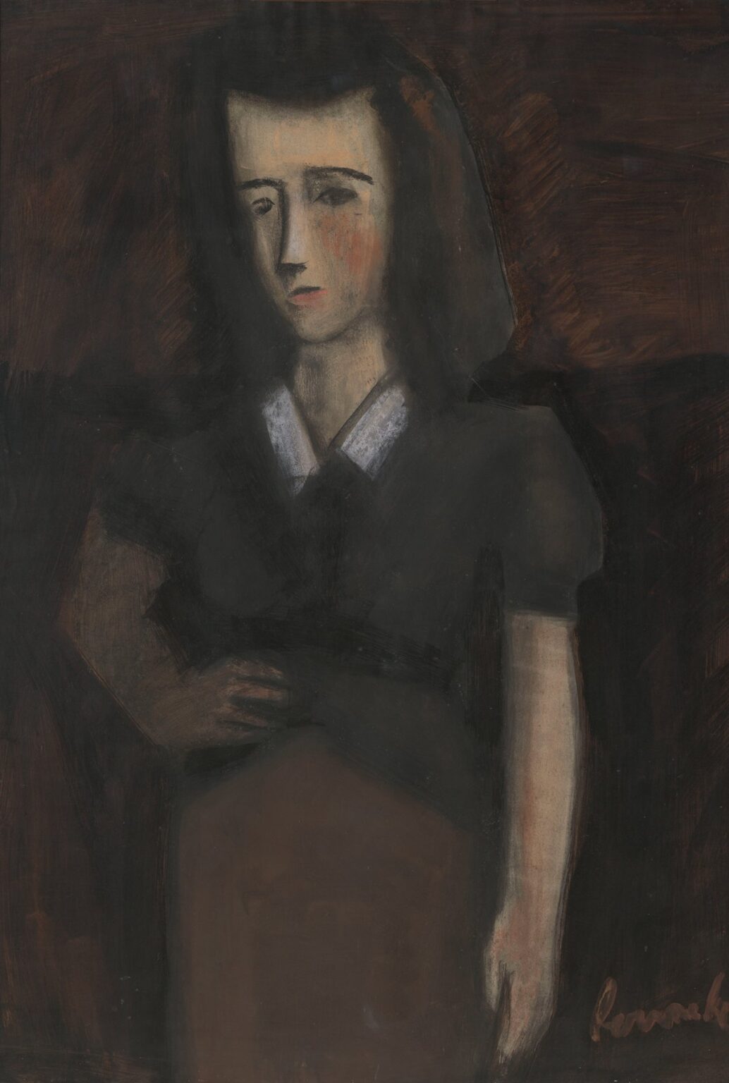 A muted oil portrait of a woman standing with one dark-clad arm across her waist and the other hanging by her side; her downcast eyes and rosy cheeks are softly modeled against a rich, earth-toned background.