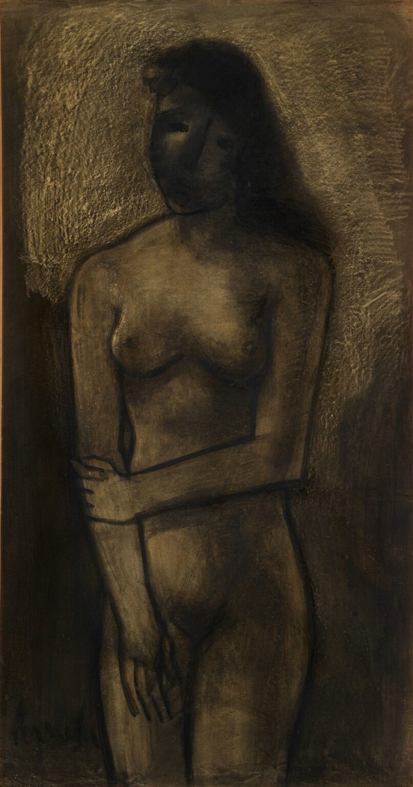 A standing nude woman rendered in muted browns and ochres, her arms crossed protectively at her waist, emerging from a textured, shadowed background with sculptural modeling of light and shadow on her torso and limbs.