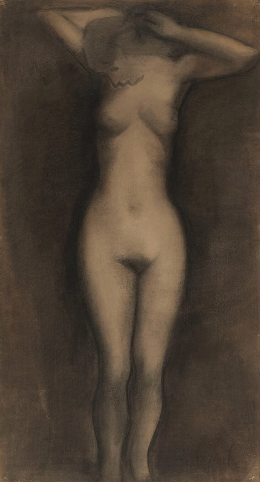 A full-length standing nude painted in muted umber and ochre, with arms lifted behind the head and the body sculpted through broad brushstrokes against a dark, shadowed background.