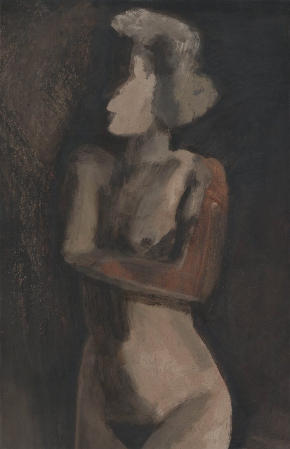 A fragmented female torso painted in ochre and umber, the head and limbs fading into shadow, with the chest and abdomen rendered through broad, textured strokes against a dark, mottled background.