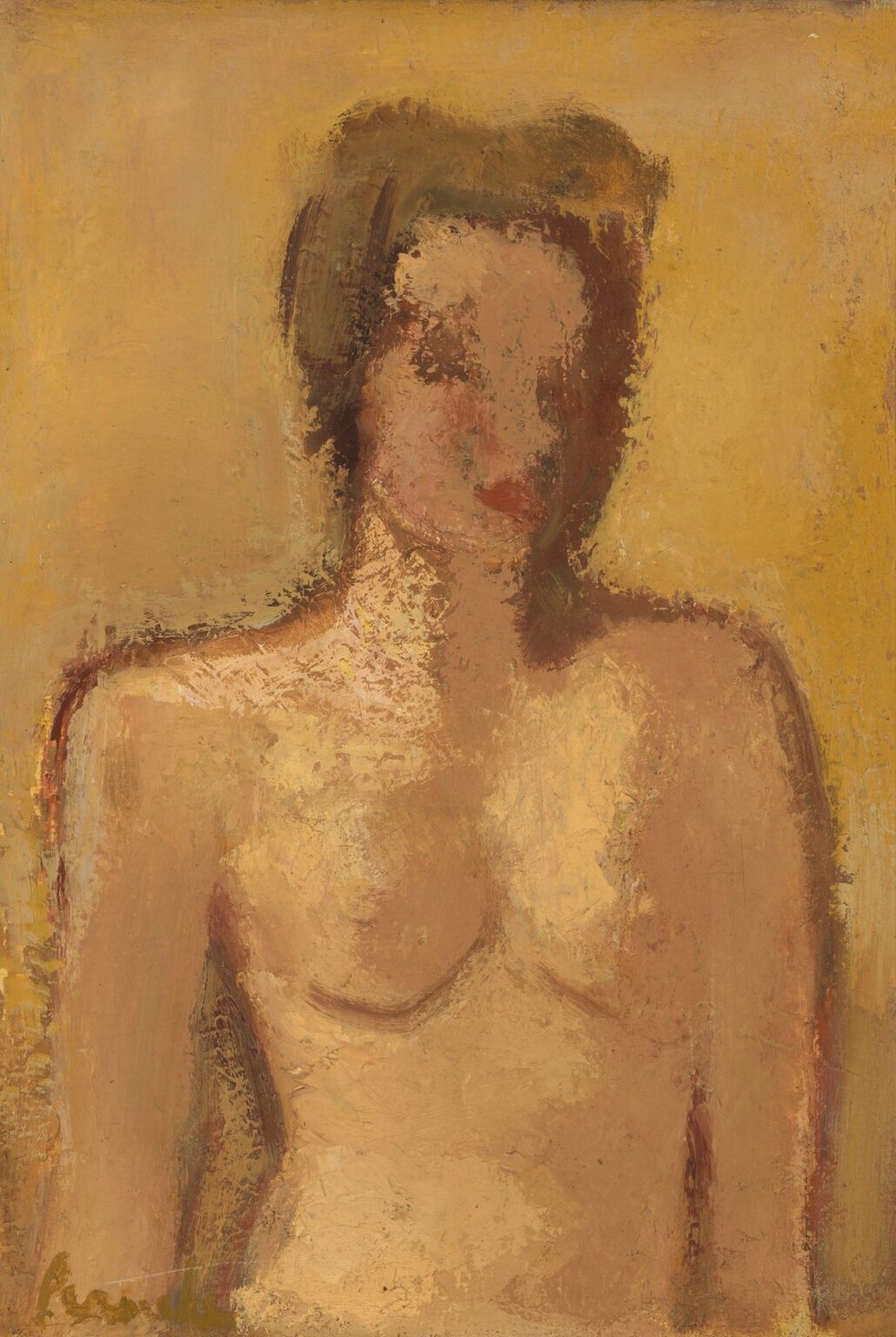 A close-cropped torso of a nude figure painted in thick, warm ochres and siennas, with the head and limbs omitted and the sculptural chest and abdomen emerging from a golden-yellow background in textured brushstrokes.