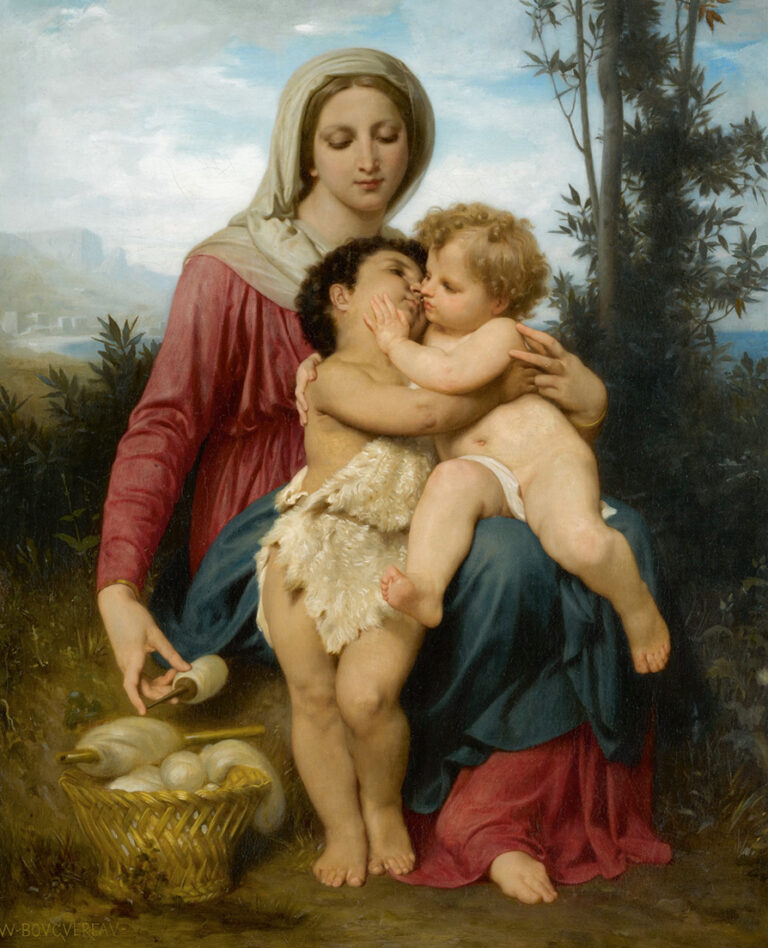 William Bouguereau’s 1863 oil painting “Holy Family” shows a serene Madonna seated outdoors, cradling the Christ Child as he embraces young John the Baptist, amid soft folds of blue and red drapery and a gentle pastoral background.