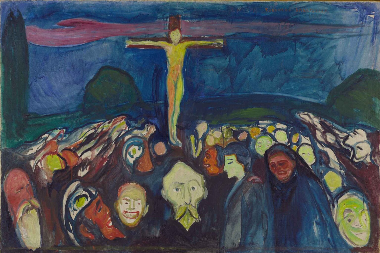 Expressionist painting showing a lone crucified figure above a dense crowd of distorted, multicolored faces set against a deep blue landscape and pink-tinted sky.