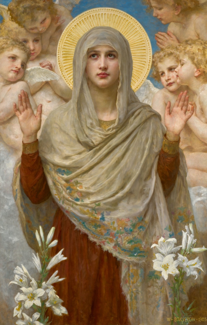 William Bouguereau’s 1903 oil painting “Pray for Us” shows the Virgin Mary with hands raised in prayer, her face illuminated by a golden halo, encircled by cherubic angels against a bright blue sky.