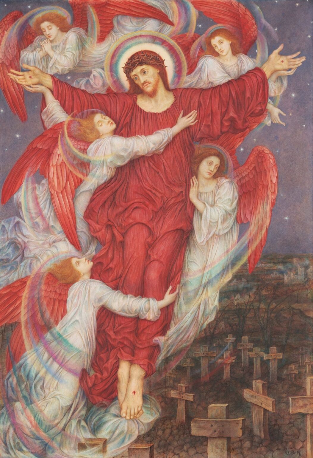 Evelyn De Morgan’s “The Red Cross” (1918): Christ in vibrant red robes with stigmata stands above a sea of wooden crosses marking graves, surrounded by six red‑winged angels with rainbow halos under a starlit sky, symbolizing divine compassion amid war’s devastation.