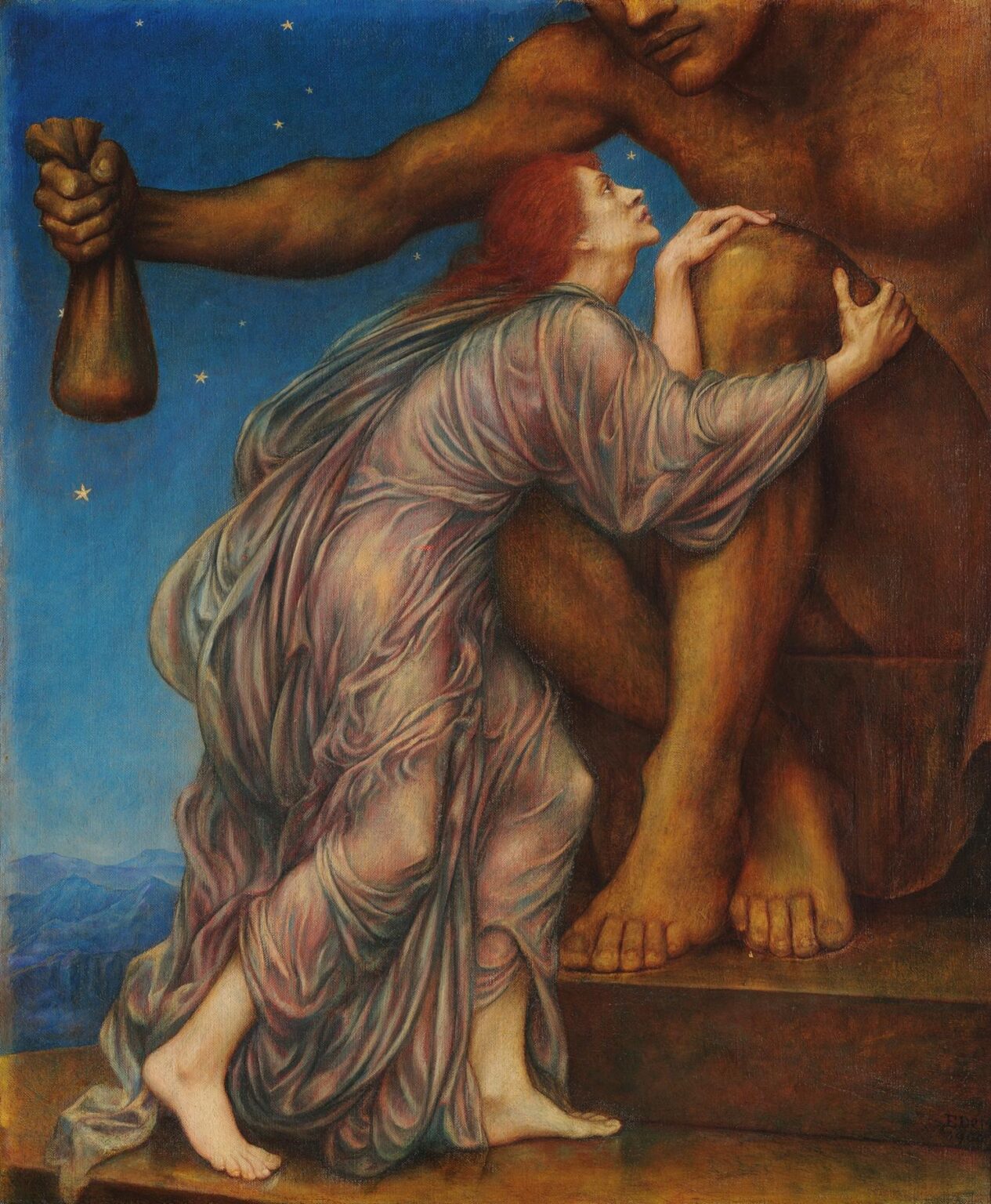Evelyn De Morgan’s “The Worship of Mammon” (1909): a kneeling woman in a silvery gray gown offers coins to a colossal bronze idol whose massive arm extends over a barren dusk landscape, symbolizing the destructive power of greed.