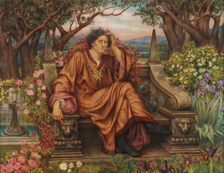 Oil painting “A Soul in Hell” by Evelyn De Morgan (1902) showing a pale robed figure seized by a giant infernal hand at the edge of a fiery chasm, under a swinging pendulum blade in a red‑streaked sky.