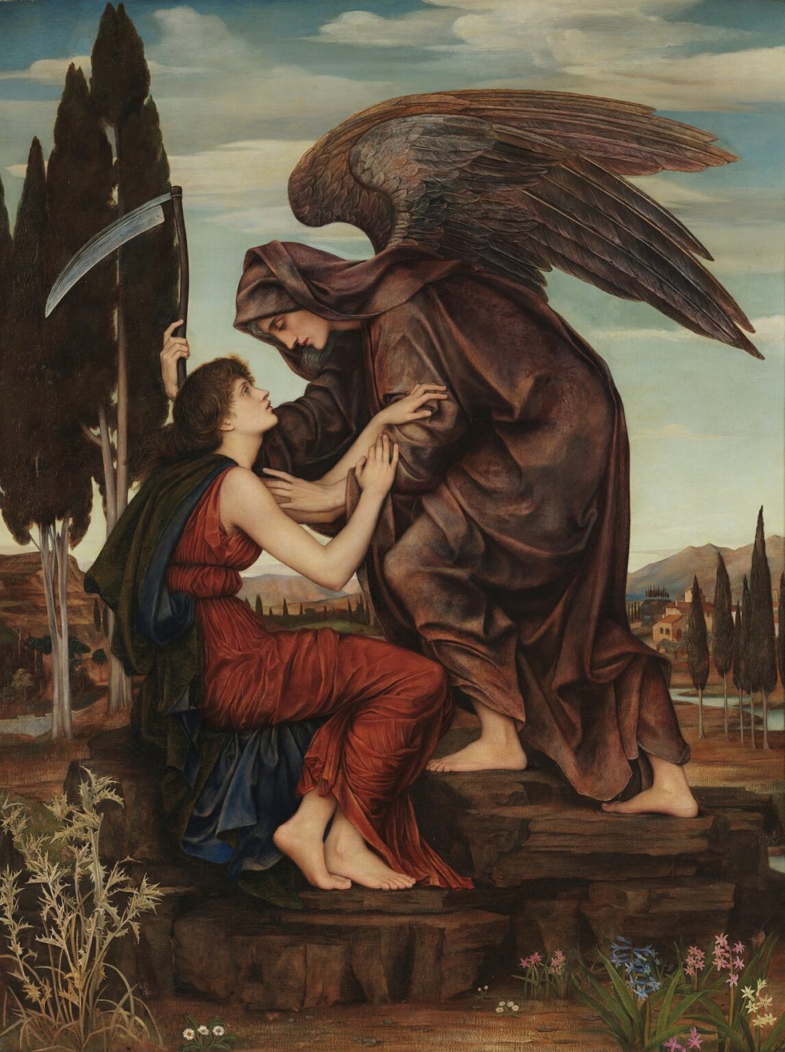 Oil painting “Angel of Death” by Evelyn De Morgan (1881) showing a hooded, winged figure bearing a scythe leaning over a seated, clasping woman in white against a rocky twilight landscape and cypress trees.