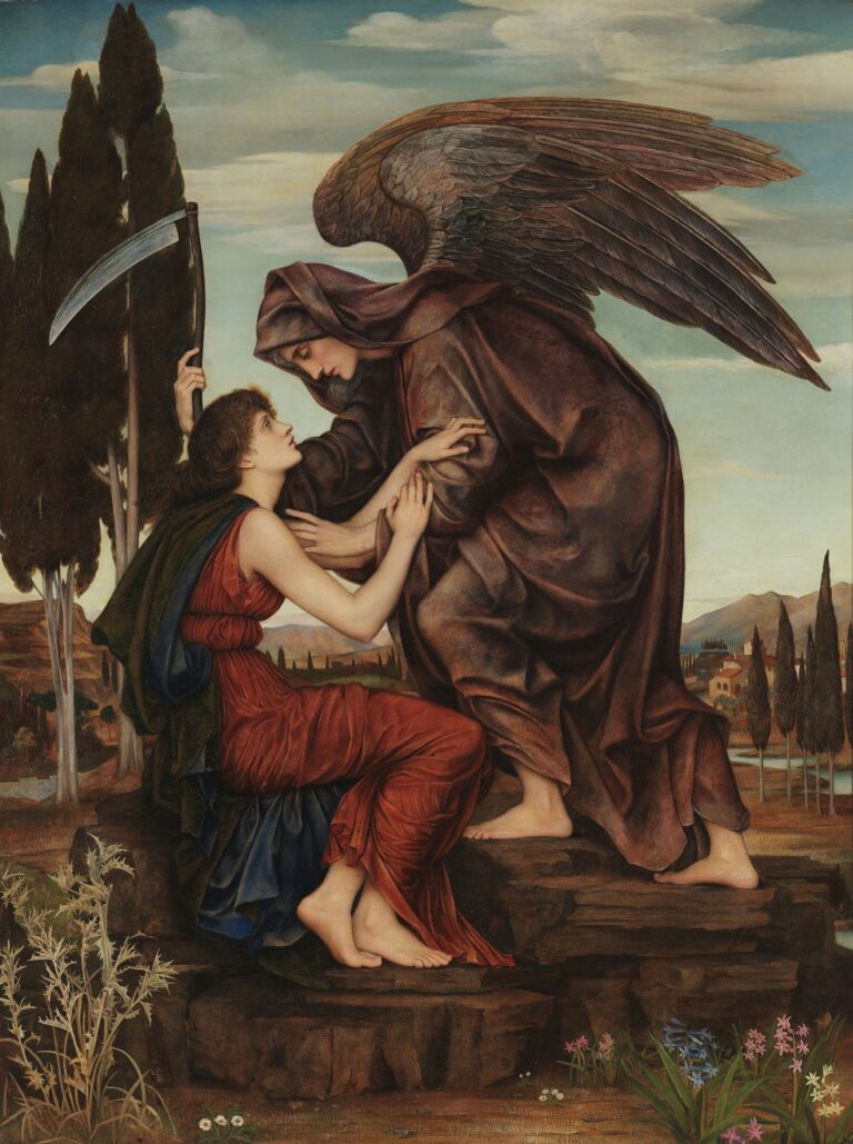 Oil painting “Angel of Death” by Evelyn De Morgan (1881) showing a hooded, winged figure bearing a scythe leaning over a seated, clasping woman in white against a rocky twilight landscape and cypress trees.