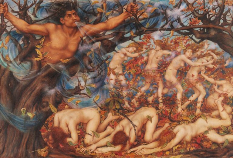 Oil painting “Boreas and the Fallen Leaves” by Evelyn De Morgan (1910) depicting the wind god Boreas as a half‑man, half‑tree figure blowing gusts that sweep nude nymphs and colorful autumn leaves across a rocky landscape.