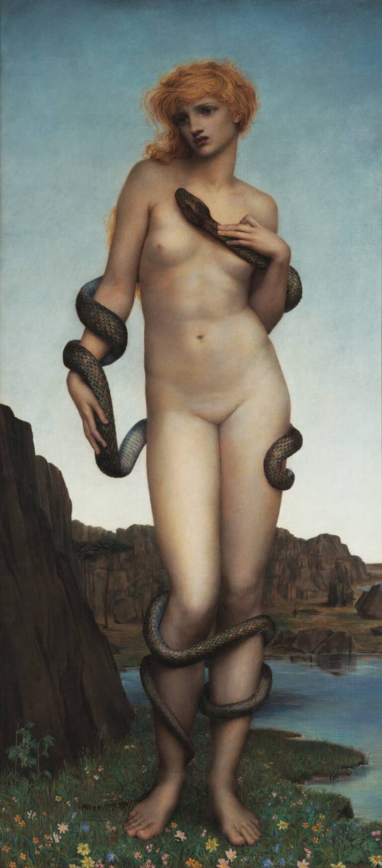 Large oil painting “Cadmus and Harmonia” by Evelyn De Morgan (1877) depicting two nude figures entwined by a great serpent at a rocky waterside, capturing the mythic moment of their transformation into serpents.