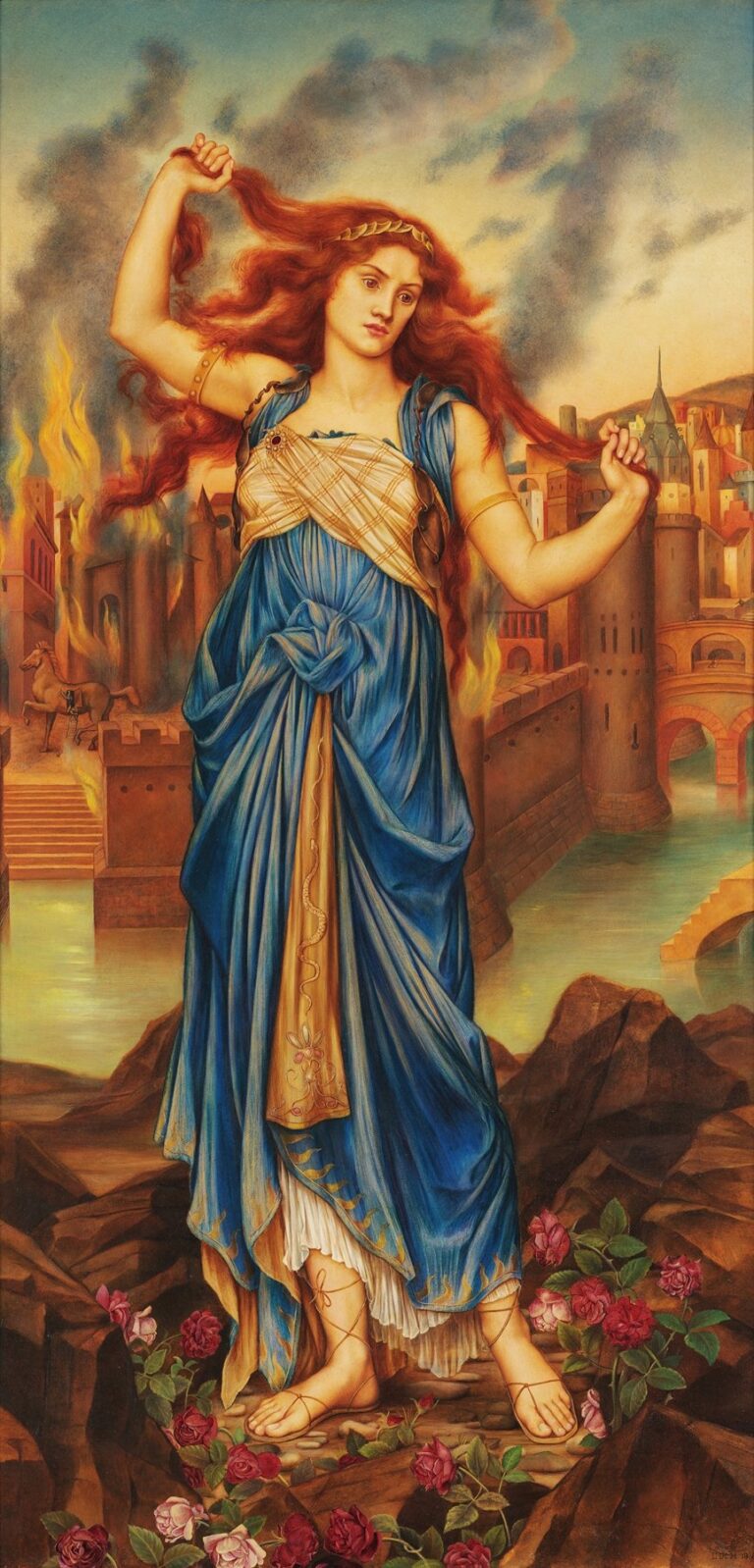 Oil painting “Cassandra” by Evelyn De Morgan (1898) showing the red‑haired Trojan prophetess in a blue robe, her arms raised as she grips her hair, standing before the burning walls of Troy beneath an ash‑streaked sky and crescent moon.
