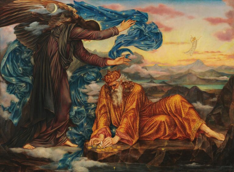 Large oil painting “Earthbound” by Evelyn De Morgan (1897) showing a golden‑robed king crouched on rocky ground clutching coins, as a crimson‑and‑blue‑clad angel reaches down to lift him toward a distant dawn over rolling hills.