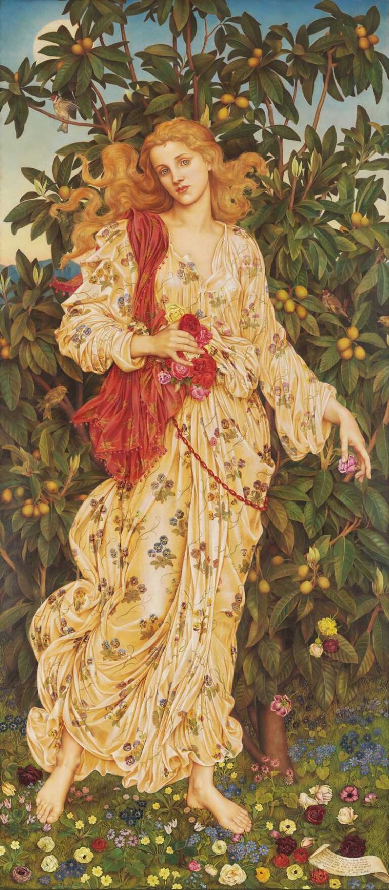 Oil painting “Flora” by Evelyn De Morgan (1894) depicting a golden‑haired goddess in a floral‑printed gown standing barefoot among blooms, holding roses before a backdrop of fruit‑laden trees and a rising moon.