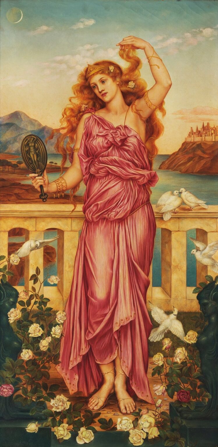 Oil painting “Helen of Troy” by Evelyn De Morgan (1898) depicting a golden‑haired woman in flowing crimson‑pink drapery holding a single rose in one hand and lifting her hair with the other, standing barefoot on a marble balcony with a distant city and crescent moon in the background.