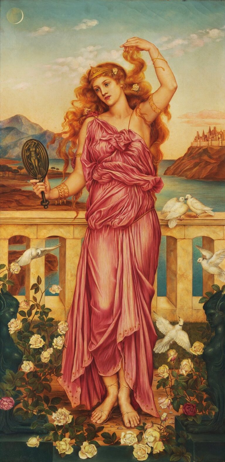 Oil painting “Helen of Troy” by Evelyn De Morgan (1898) depicting a golden‑haired woman in flowing crimson‑pink drapery holding a single rose in one hand and lifting her hair with the other, standing barefoot on a marble balcony with a distant city and crescent moon in the background.