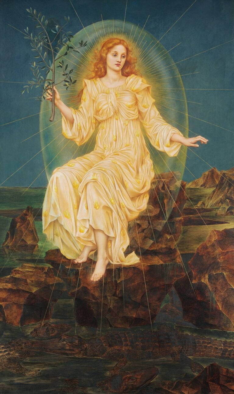 Evelyn De Morgan’s “Lux in Tenebris” (1895): a glowing woman in a golden‑embroidered gown sits on jagged rocks, haloed by light rays and holding an olive branch above dark, crocodile‑filled waters.