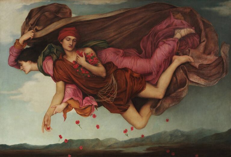Oil painting “Night and Sleep” by Evelyn De Morgan (1878) depicting two floating female figures—Night cloaked in brown and rose, and Sleep in pink—drifting above a serene twilight landscape as Sleep scatters red poppies downward.