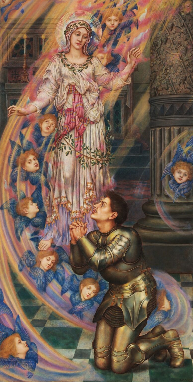 Evelyn De Morgan’s “Our Lady of Peace” (1907): a luminous Madonna in white and gold robes stands amidst golden rays and cherub heads, as a young knight in polished armor kneels before her in a gothic interior adorned with pillars and stained‑glass windows.