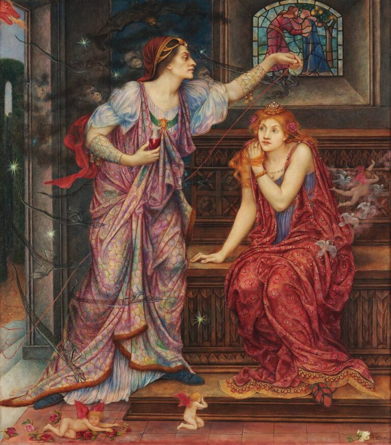 Oil painting “Queen Eleanor & Fair Rosamund” by Evelyn De Morgan depicting Queen Eleanor raising a dagger in a flower‑clad bower above a kneeling Rosamund, while a hidden page watches and ivy and carved stone frame the dramatic scene.