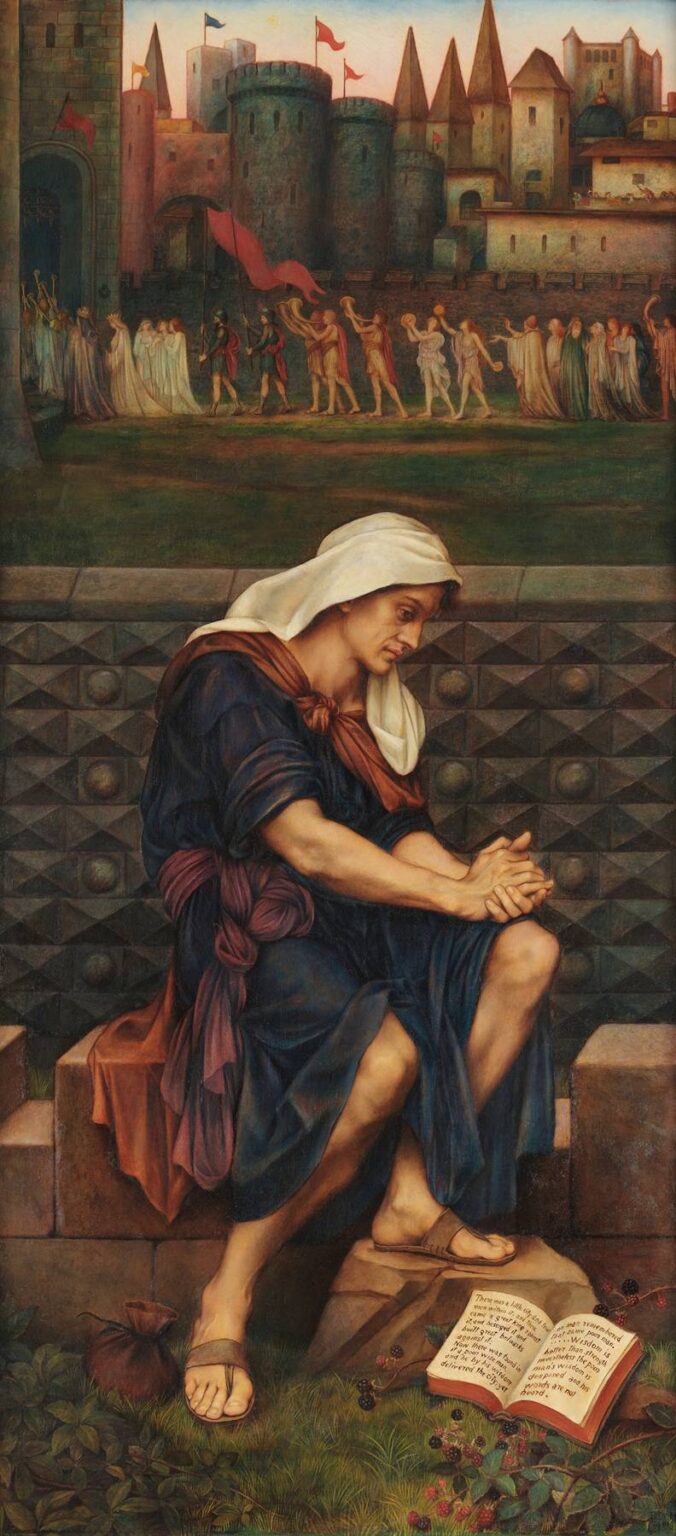 Evelyn De Morgan’s “The Poor Man Who Saved the City” (1901): A weathered peasant sits in prayer on a fortified rampart, an open book at his feet, while a long procession of townspeople, soldiers, and clergy winds past castle towers under a dawn sky.