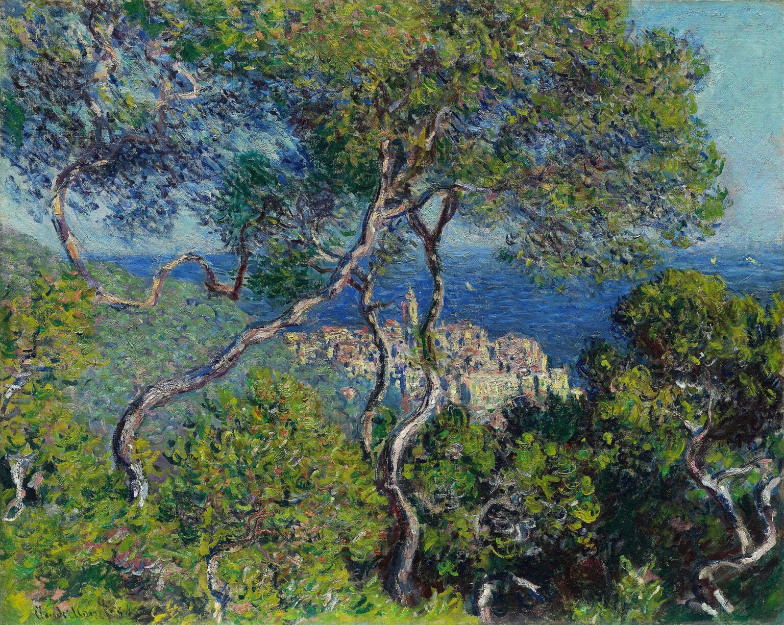 A sunlit coastal grove with twisted pine and olive trees in vibrant greens and blues, framing a distant Mediterranean village and deep blue sea beneath a pale sky.