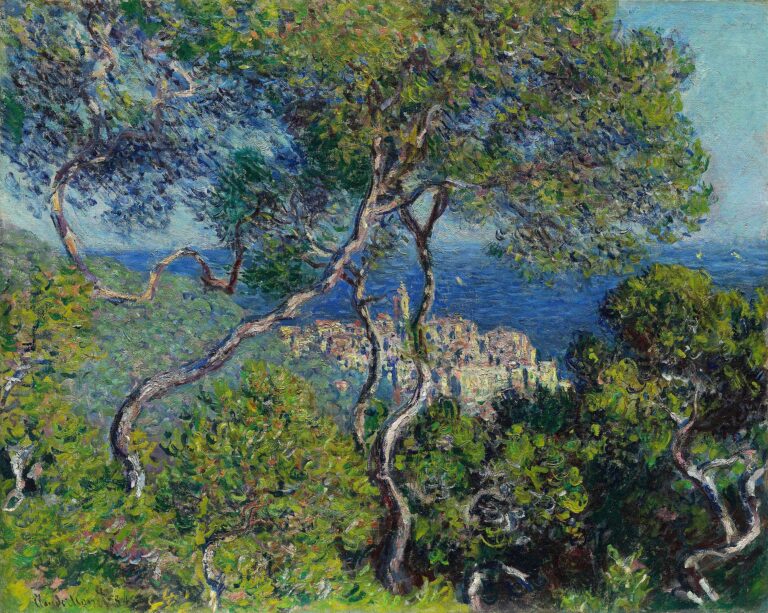 A sunlit coastal grove with twisted pine and olive trees in vibrant greens and blues, framing a distant Mediterranean village and deep blue sea beneath a pale sky.