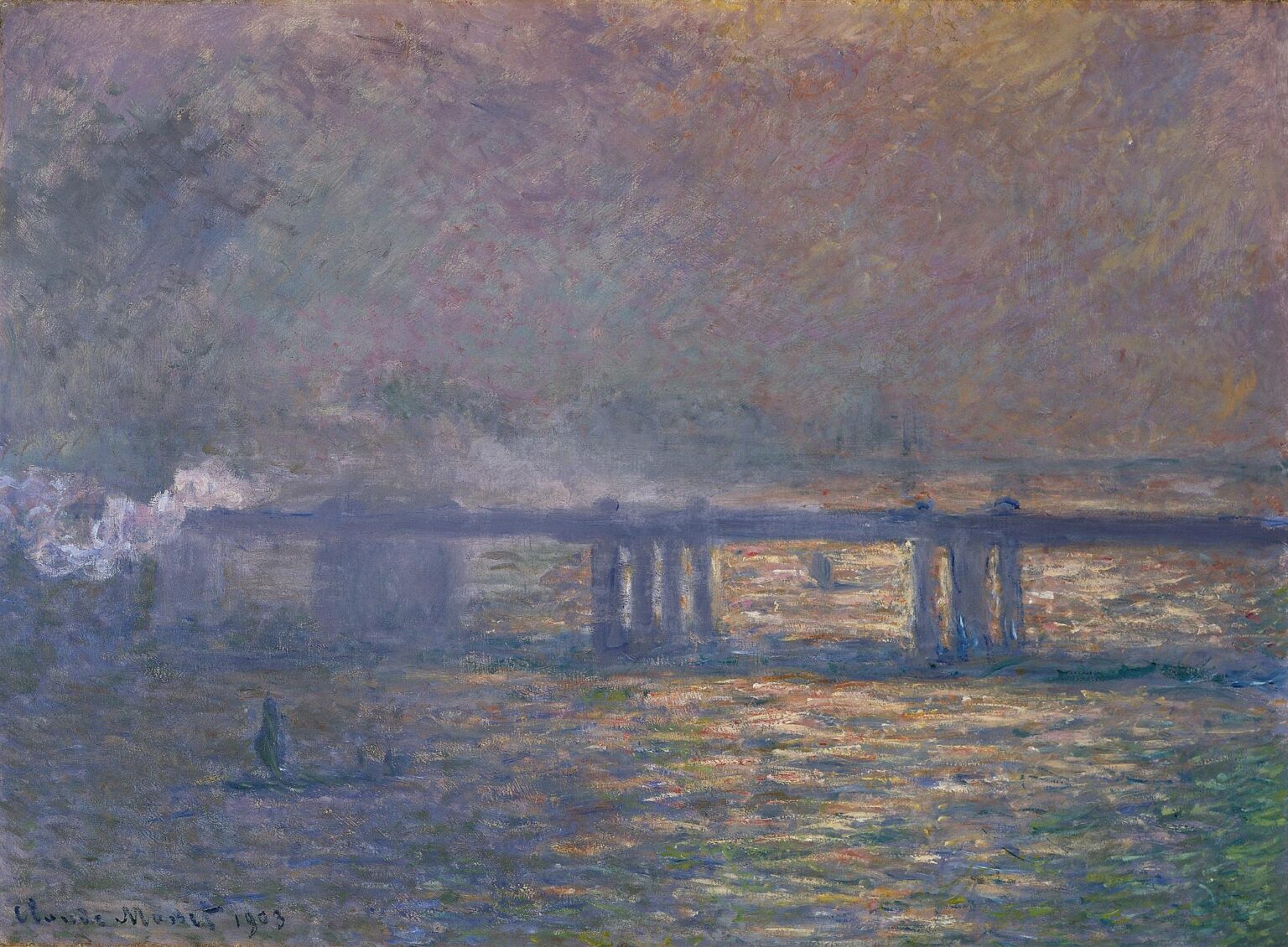A misty dawn view of Charing Cross Bridge in London, rendered in soft purples and pinks, with bridge arches emerging through fog above a Thames surface glittering with pale gold and lavender reflections.