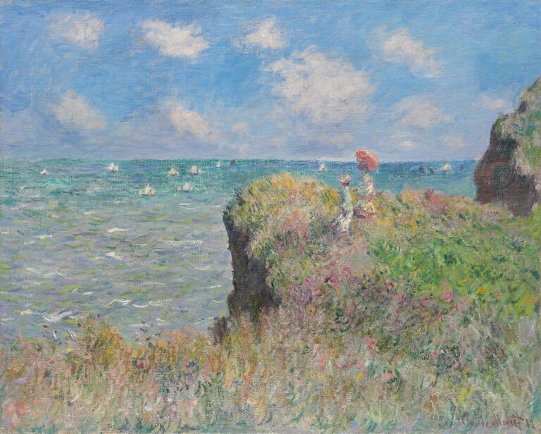 Two figures—a woman with a red parasol and a child—stand atop a grass-covered cliff overlooking a sea filled with white-sailed boats beneath a bright blue sky dotted with clouds.