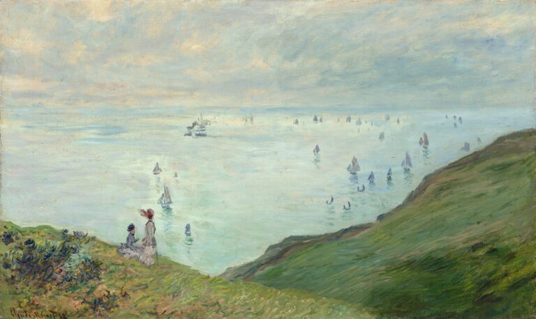 A coastal scene from atop chalk cliffs showing a woman and child gazing at a sea dotted with sailboats, under a cloud-streaked sky, with grassy slopes and sunlit rock faces in vivid brushstrokes.