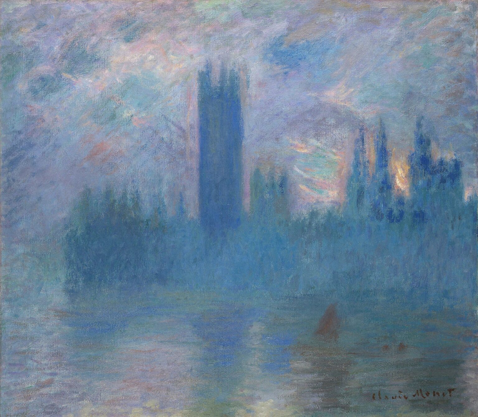 A softened silhouette of the Gothic Houses of Parliament rising through pale yellow and lavender fog above the Thames, the river’s surface reflecting pastel hues of pink, blue, and gold in loose, vibrant brushstrokes.